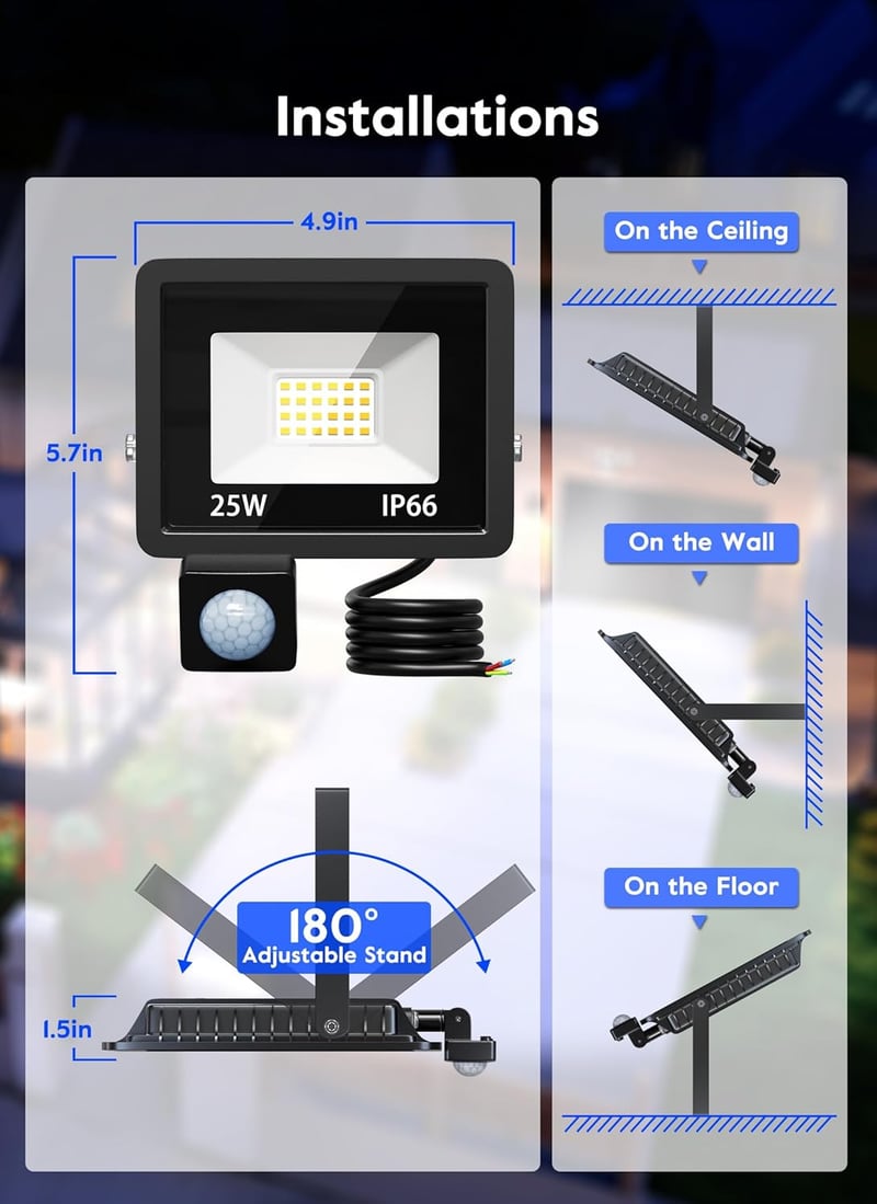 Brightown LED Mozgásérzékelős Reflektor 25W 2200LM IP66 Vízálló Kültéri Lámpa 6000K Hideg Fehér 24 LED Kerthez Udvarhoz Raktárhoz