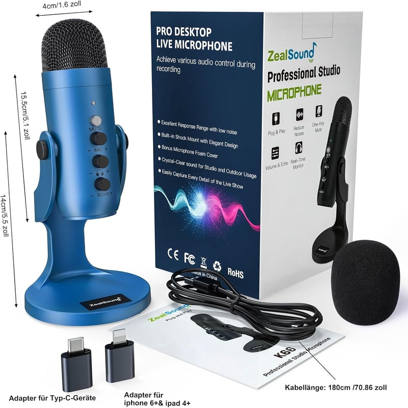 ZealSound K66 Kék USB Kondenzátor Mikrofon PC-hez és Telefonhoz - Streaming, Podcast, Gaming