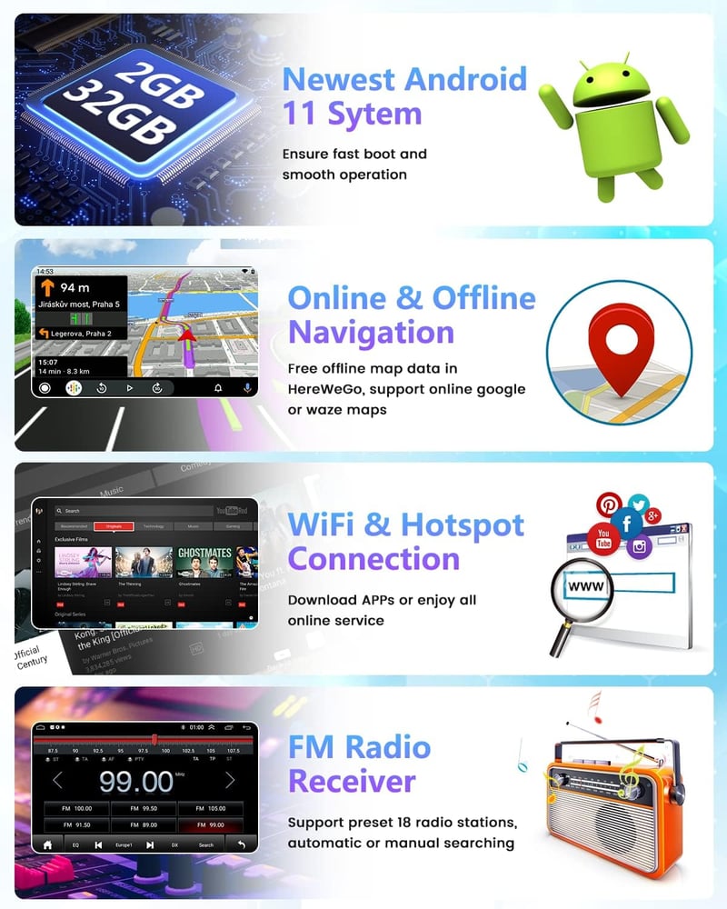 Hikity 1 DIN Android 11 Autórádió 9" Érintőképernyővel - Vezeték Nélküli CarPlay, Bluetooth, WiFi, GPS Navigáció, Tolatókamera, 2GB RAM + 32