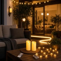 Esti teraszvilágítás: 2 db oszlopgyertya + 2 m LED szalag + 6 m fényfüzér + 2 db dimmelhető E27 izzó 1