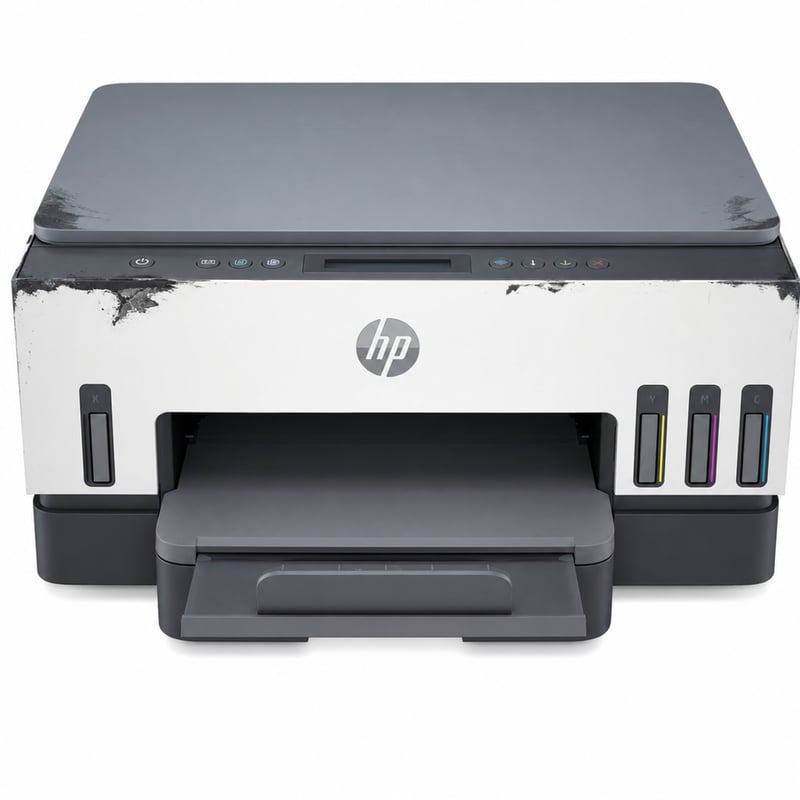 Imprimantă multifuncțională cu jet de cerneală HP Smart Tank 7005 — defectă, funcționează parțial: rezervor negru deteriorat (stare: vezi a 2-a imagine)