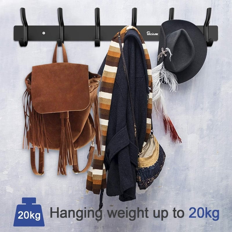 Anjuer 6 Akasztós Alumínium Fali Fogas - Fekete, 20kg Teherbírás