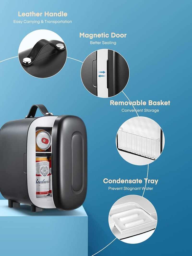 FOHERE Mini Hűtő 5L - Hordozható Hűtőszekrény 6 Dobozos Kapacitással, 12V/220V/USB Tápellátás, Csendes Működés Kozmetikumokhoz, Italokhoz, O