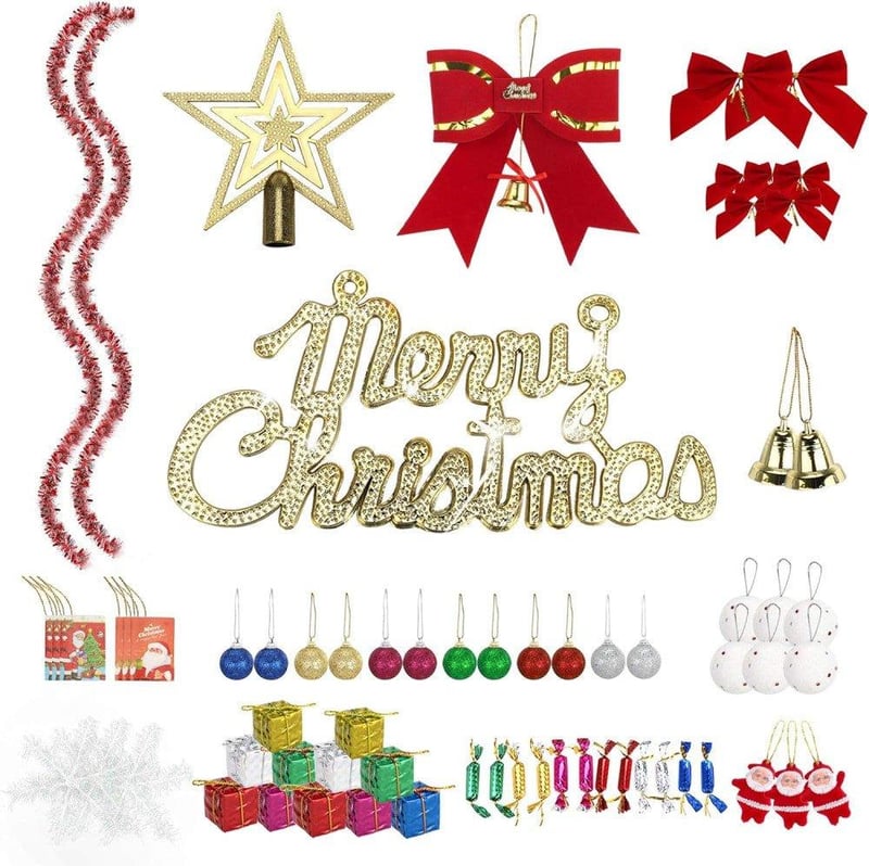 Karácsonyfa Díszítő Készlet 78 db - Csillagok, Masnik, Cukorkák, Hógömbök