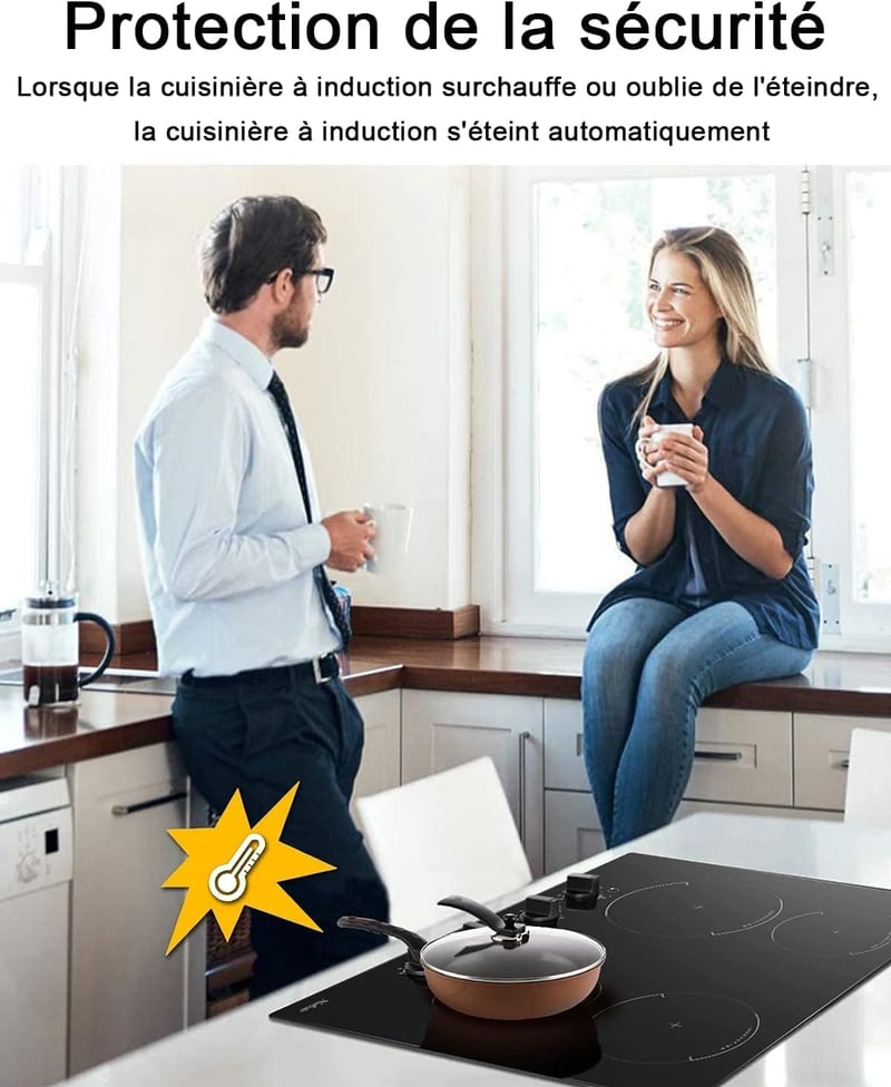 Hobsir 60 cm-es Beépíthető Indukciós Főzőlap 4 Zónával, 7200W, 9 Teljesítményszint, Gombos Vezérlés, Üvegkerámia Felület, Vezetékes