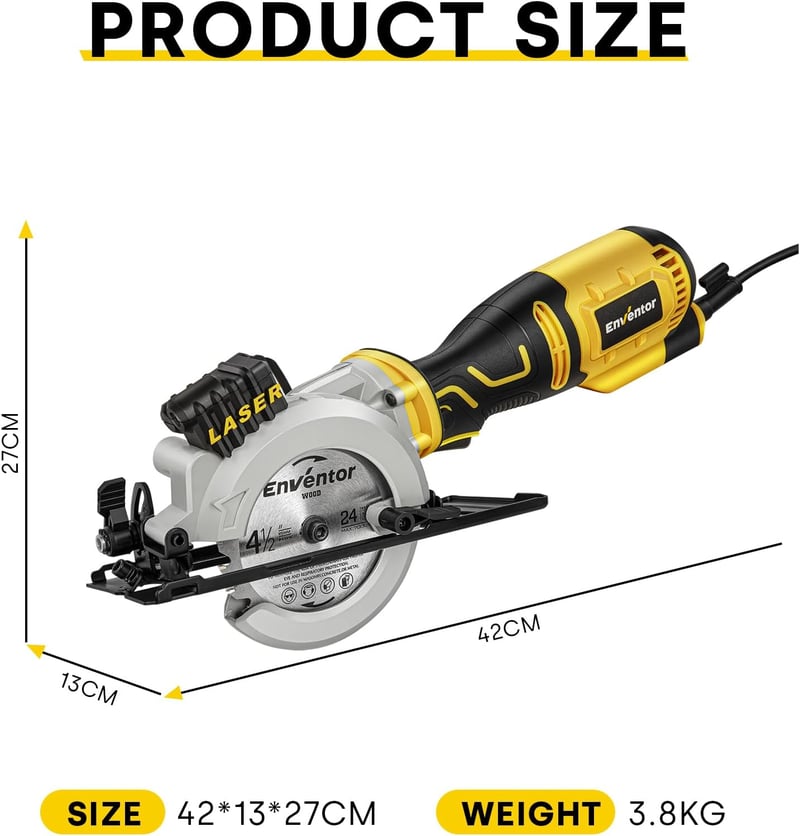 Enventor 705W Mini Körfűrész 6 Fűrészlappal, Vezetősínnel és Lézeres Irányítóval - Fa, Fém, Műanyag Vágásához, 3500 RPM, Egykezes Használat