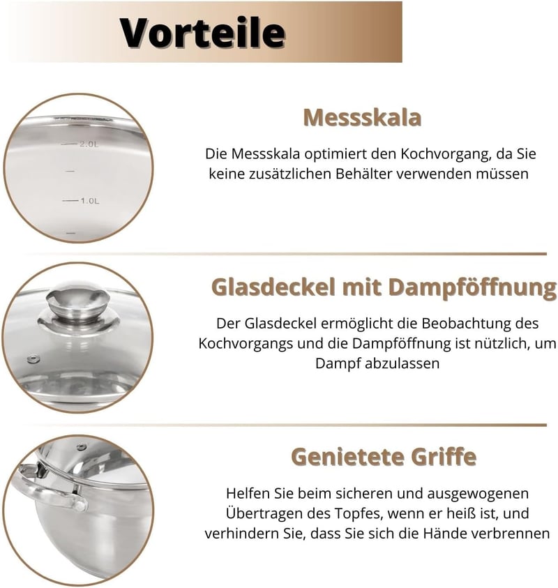 Daniks Classic rozsdamentes acél főzőedény üvegfedővel, 9 literes, ezüst, mosogatógépben mosható, kerámiabevonatú konyhai fazék