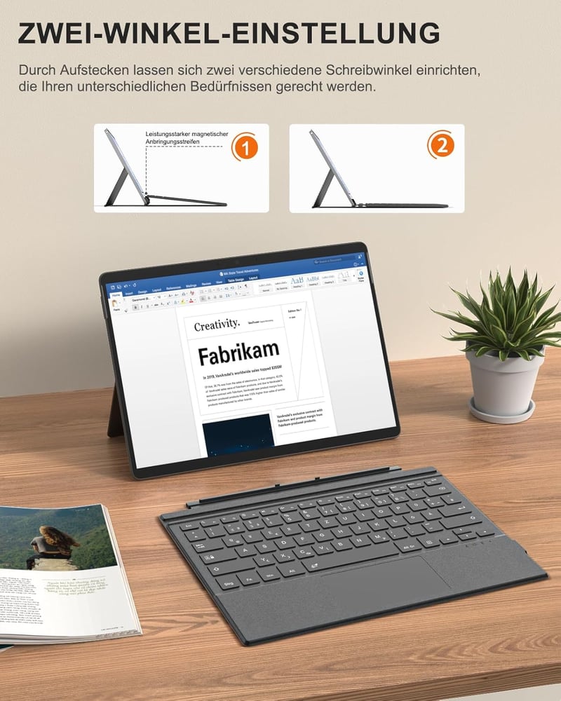 MoKo Bluetooth Érintőpados Billentyűzet Microsoft Surface Pro 7+/7/6/5/4/3 Készülékekhez - QWERTZ Kiosztás, Újratölthető Akkumulátor, Szürke