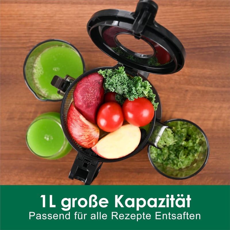 Fretta Slow Juicer 200W - Fekete gyümölcsprés 108mm-es adagolónyílással, egész gyümölcsökhöz, BPA-mentes Tritan anyagból, könnyen tisztíthat