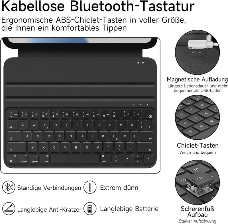 HOU Slim Bluetooth Billentyűzetes Tok iPad 11. Generációhoz (2025 A16) és 10. Generációhoz (2022) - Műbőr Dizájn, Ergonomikus, QWERTZ, Feket