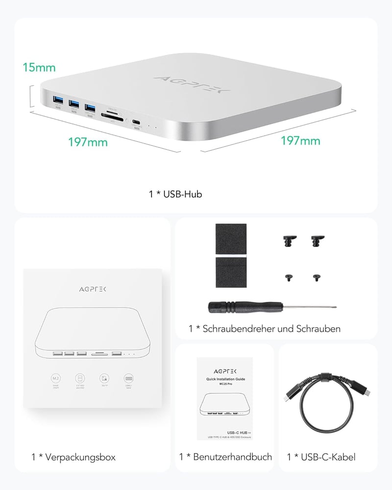 AGPTEK Type-C Hub Mac Mini M1 M2 Dokkoló Állomás - NVMe/SATA SSD Bővítőhely, Kártyaolvasó, USB Portok, Ezüst