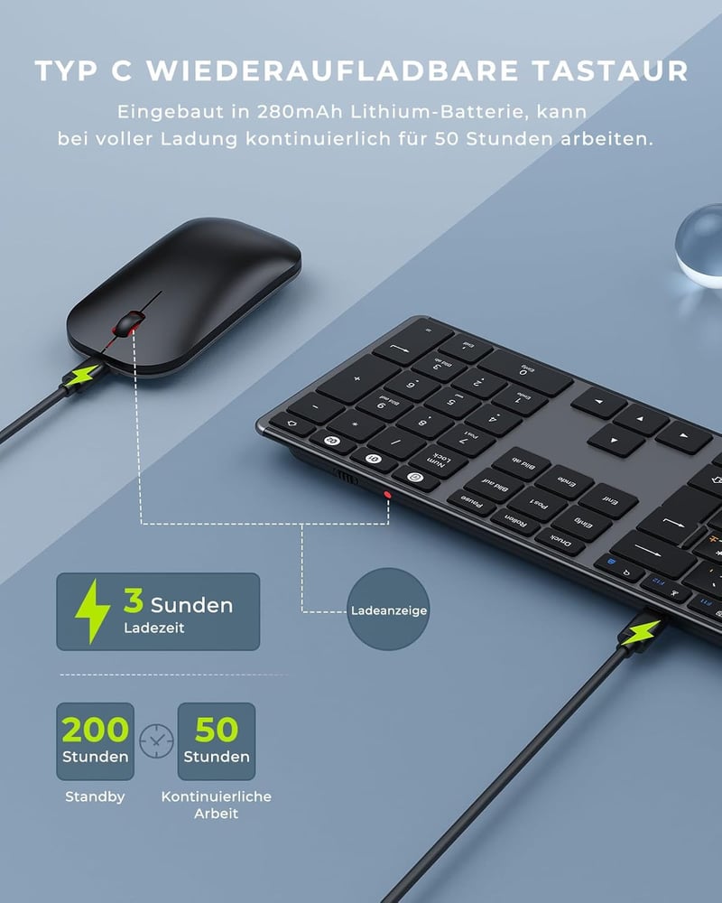 seenda Fém Bluetooth Billentyűzet és Egér Szett - Újratölthető, Kettős Üzemmódú (USB+BT), Ultravékony, Csendes, QWERTZ Kiosztású, PC/Tablet/