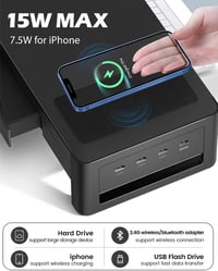 Meatanty 3 az 1-ben Dupla Monitor Állvány 2 Fiókkal, Vezeték Nélküli Töltővel és 4 USB Porttal - Fém Számítógép Tartó Adatátvitelhez 2