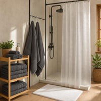 Set za opremanje kupaonice: 4x ručnik + podloga + 2x kuka + zavjesa + tepih + dozator 1