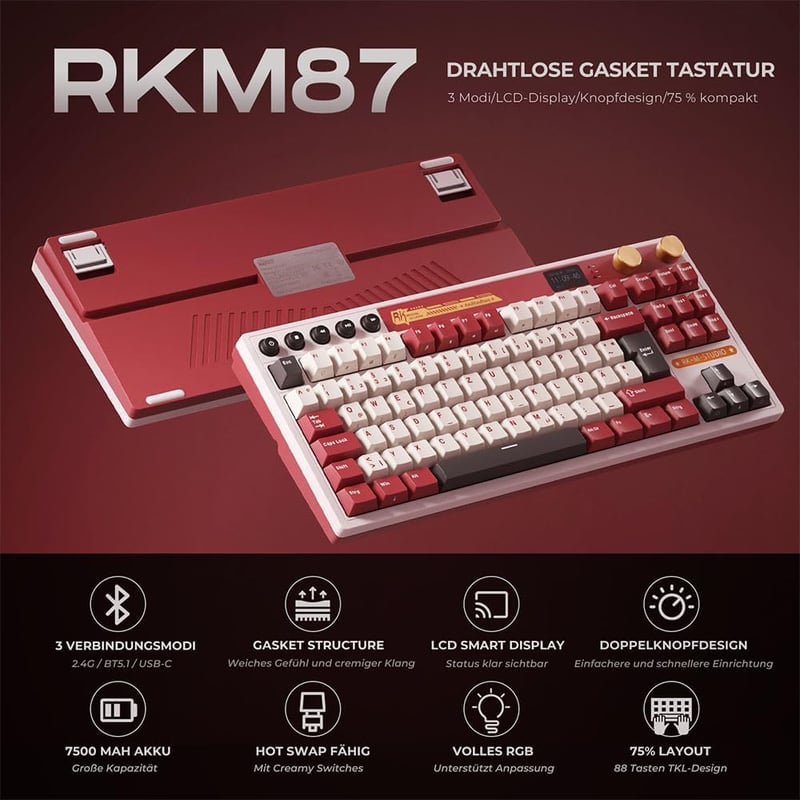 Tastatură Mecanică de Gaming RK ROYAL KLUDGE M87 - 75% TKL, Wireless, cu Ecran, Două Butoane, RGB, 7500 mAh, Hot-Swap Linear Crea