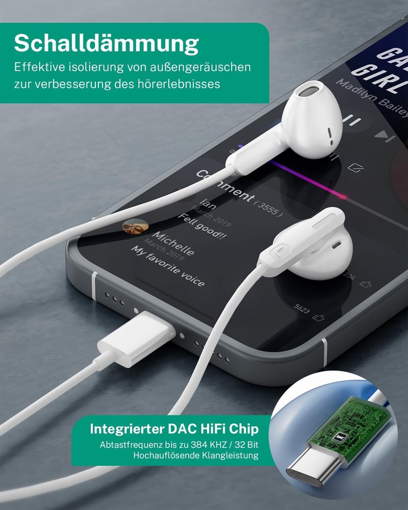 USB C Fülhallgató Samsung Galaxy S24 S23 Ultra A35 S25 iPhone 15 16 Pro Pixel 8 Xiaomi 14 Készülékekhez - HiFi Sztereó Vezetékes In-Ear Head