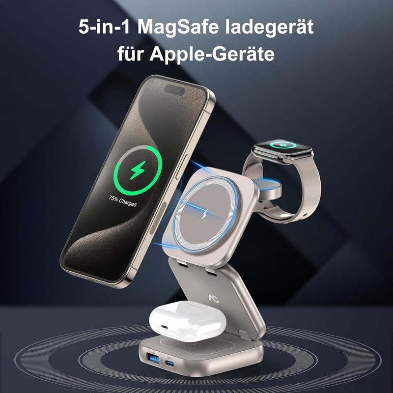 AC ISLAND 5 az 1-ben MagSafe Töltőállomás iPhone 16/15/14/13/12, Apple Watch és AirPods Készülékekhez - Összecsukható Utazási Vezeték Nélkül