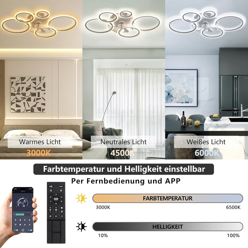 MiiR LED Mennyezeti Ventilátor Világítással - 145W, 3 Színhőmérséklet, 6 Sebesség, Távirányítóval és Applikációval, Fehér, Hálószobába, Napp