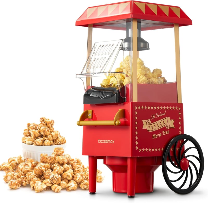 Cozeemax Retro Popcorn Készítő 1200W - Nagy Kapacitású, Zsírmentes, Piros