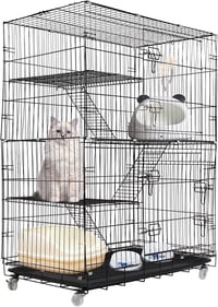 ybaymy Összecsukható Macskaketrec 4 Szintes - 90x55x125 cm Fém Ketrec 1-3 Macskának, 360° Forgatható Kerekekkel, Rámpával, Bel- és Kültéri 7