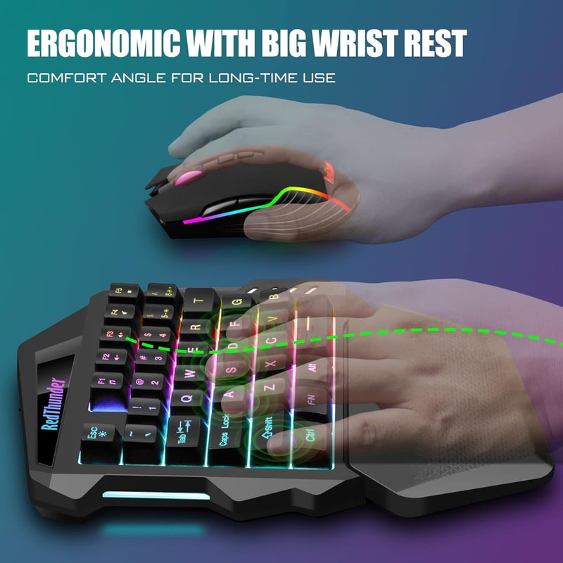 RedThunder G60 Vezeték Nélküli Egykezi Gamer Billentyűzet, 2000 mAh Akkumulátor, RGB Háttérvilágítás, Ergonomikus, PC/Mac/PS5 Kompatibilis - Wireless