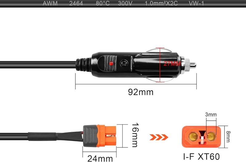 GINTOOYUN Szivargyújtó - XT60I-F Átalakító Kábel 17AWG, 1,58m, LED Jelzőfénnyel, Túlterhelés Védelemmel, Hordozható Töltőállomásokhoz, Dróno