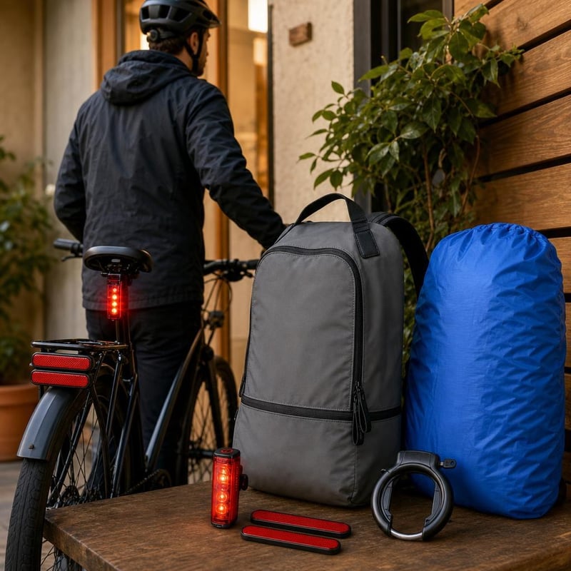 Pachet navetă bicicletă: 2x reflector + stop cu frână + antifurt + rucsac laptop + husă ploaie