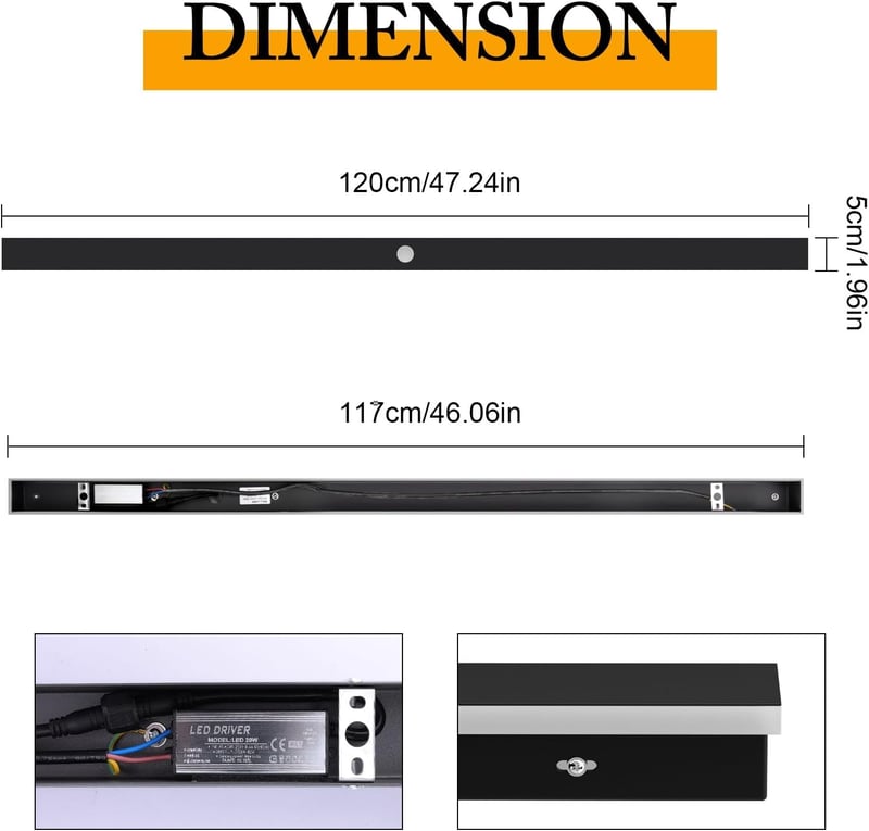 K-Bright 120 cm-es Kültéri LED Fali Lámpa Mozgásérzékelővel - IP65 Vízálló Fekete Modern Világítás Kerthez, Garázshoz, 3000K Meleg Fehér Fén