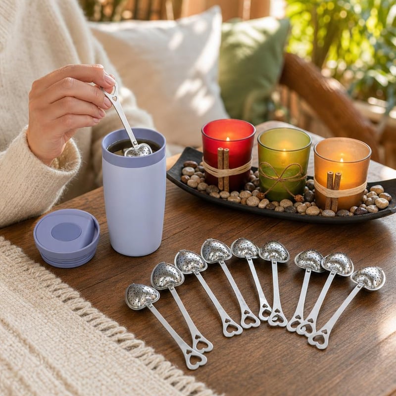 Teadélutáni nyugalomcsomag: 350 ml utazóbögre + 10 db teaszűrő + 3 db LED mécses