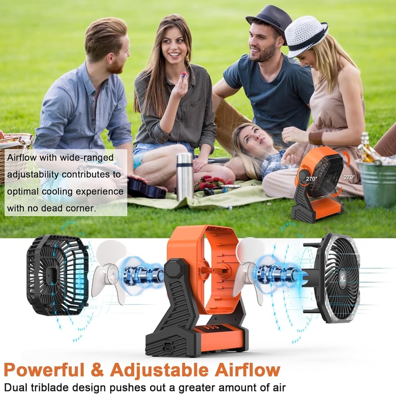 KITWLEMEN LED-es Kemping Ventilátor 20000mAh, 270° Forgatható, 4 Sebességes, USB