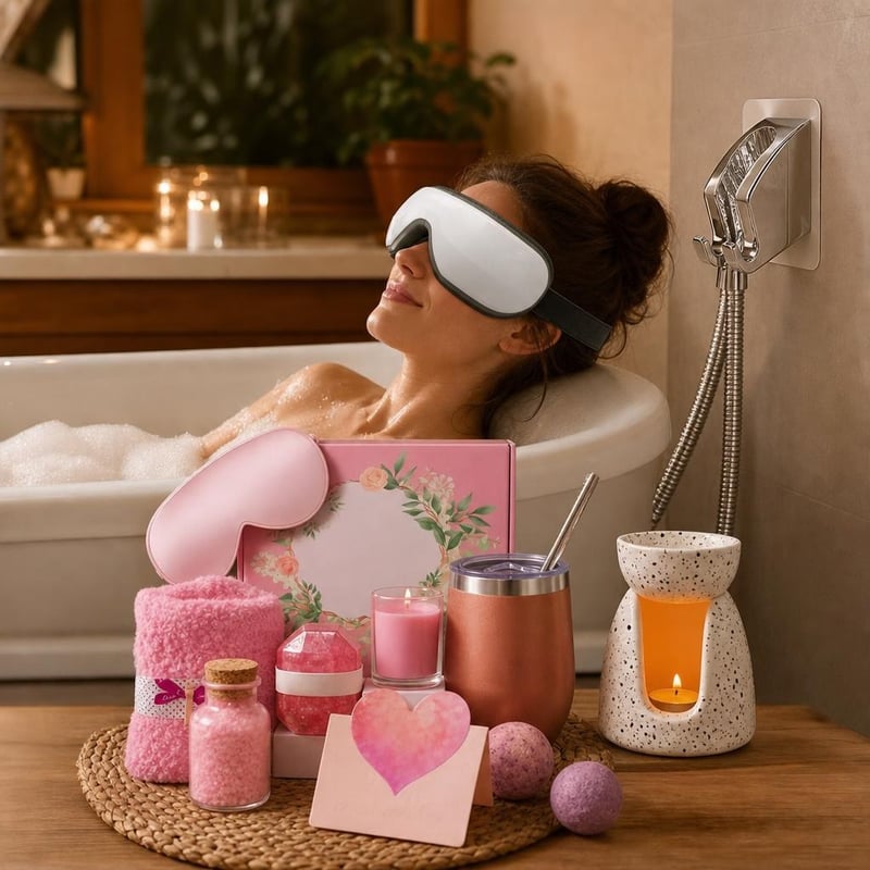 Relaxačný balíček pre mamičky: 9-dielna sada + držiak sprchy + vyhrievaný masážny prístroj + aromalampa