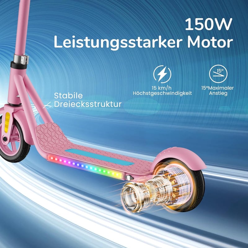 Escroll elektromos roller gyerekeknek 6+ - LED, Bluetooth, állítható magasság