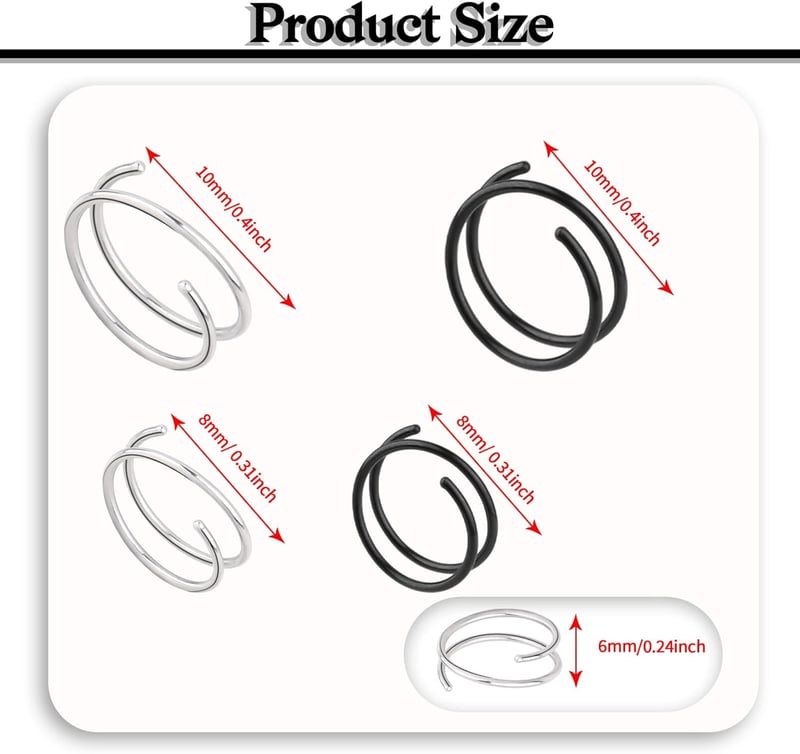 DIVINA VITAE 8 db Orr Piercing Szett - Spirál és Dupla Karika Orrpiercing, Helix Piercing, 316L Sebészeti Acél, 8/10 mm, Fekete és Ezüst