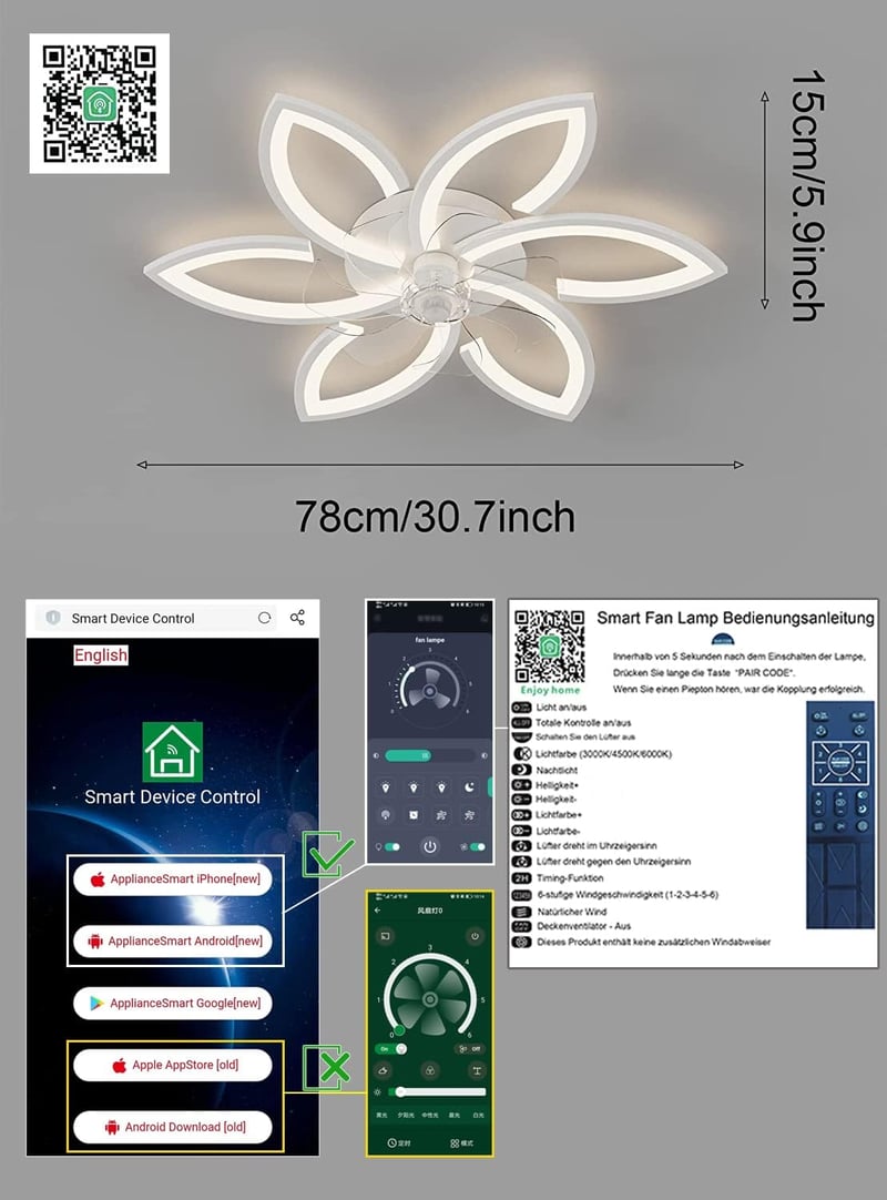 DIDADIDA Csendes Mennyezeti Ventilátor Lámpával - 70W Akril Virág Alakú LED Lámpa, Távirányítóval és APP Vezérléssel, Fényerőszabályzós, Feh