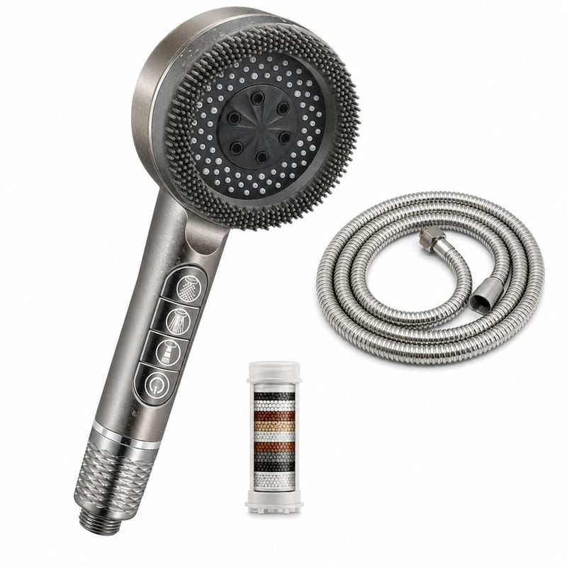 Kézizuhany Szűrővel, Ionszűrővel, 4 Spray Móddal, BE/KI Kapcsolóval — vízköves, minimálisan kopott zuhanyfej (állapot: lásd a 2. képet)