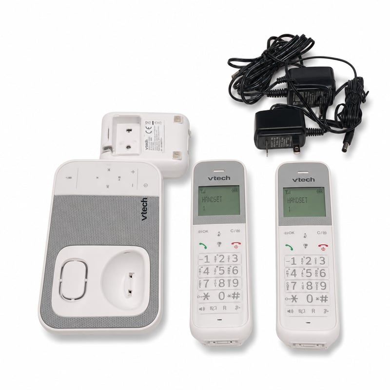 Bezdrôtový telefón VTech XS1051 DECT s 2 slúchadlami, záznamníkom, blokovaním hovorov, hlasitým odposluchom a zosilňovačom hlasitosti – používaný