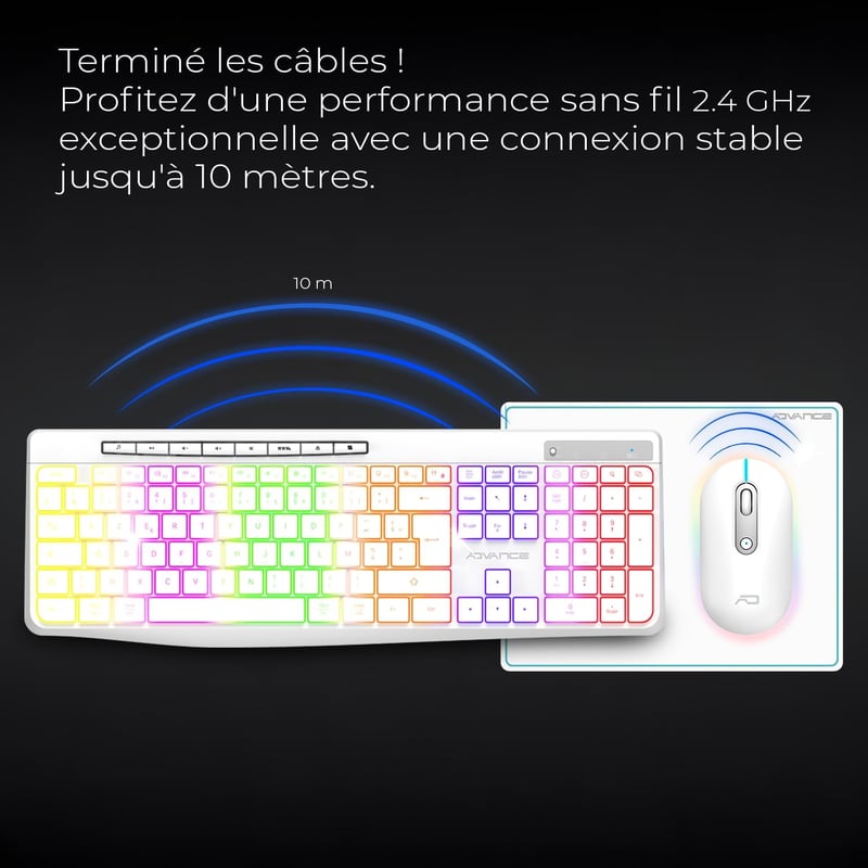 AD ADVANCE R-Type Vezeték Nélküli Billentyűzet-Egér Szett - RGB Háttérvilágítás, Csendes Gombok, 1600 DPI, Újratölthető, PC/Mac/Laptop