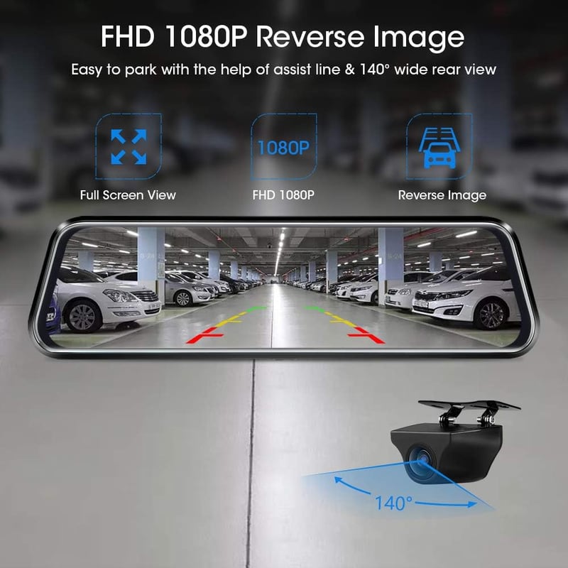 Jansite 10" Érintőképernyős Visszapillantó Tükör Menetrögzítő Kamera FHD 1080P Tolatókamerával, 170° Látószög, Éjjellátó Funkcióval, 10m Káb