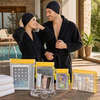 Wellness paket za bazen: 3x suha torba + naočale + 2x kapa + 14-dijelni set bočica + muški ogrtač 1