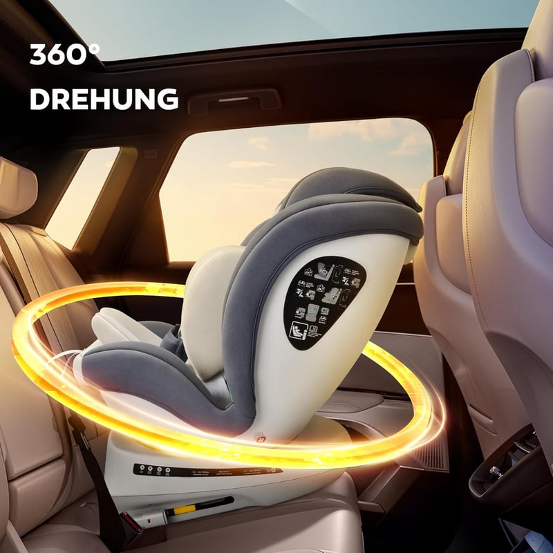 Miophy I-Size 360° Forgatható Gyerekülés, 0-12 éves korig (40-150 cm), Isofix csatlakozással, 5-pontos biztonsági övvel, Szürke