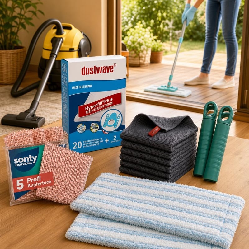 Pachet curățenie: 20 saci aspirator + mop + 2 mânere + 30 bureți + 6 lavete + perie WC + 12 perechi mănuși