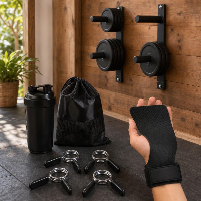 Fitness set Iron Commando: rukavice + shaker 500ml + 4x pružinová svorka + 2x držiak na kotúče