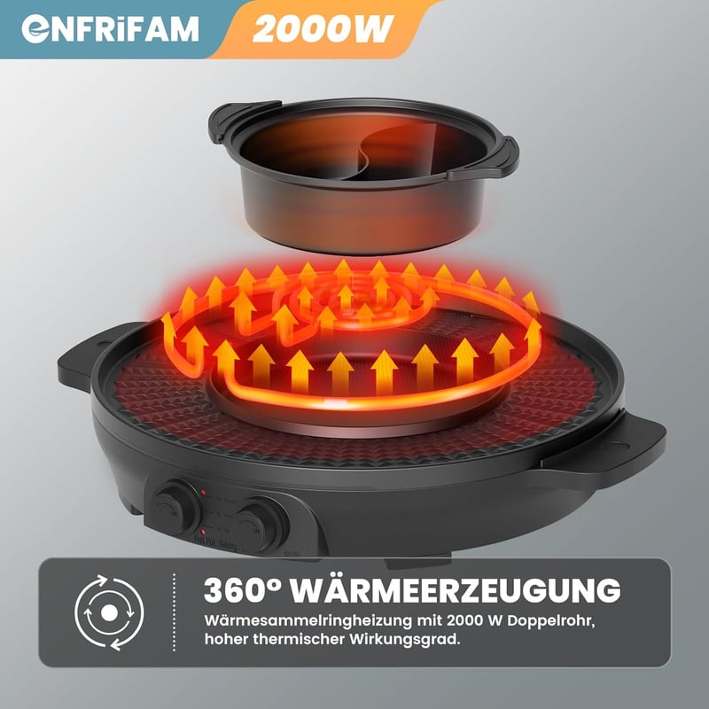 ENFRIFAM 2000W Elektromos Hot Pot és Raclette Grill, 8 Személyes, Kettős Főzőzóna, Független Hőmérséklet Szabályozás, Tapadásmentes Bevonat