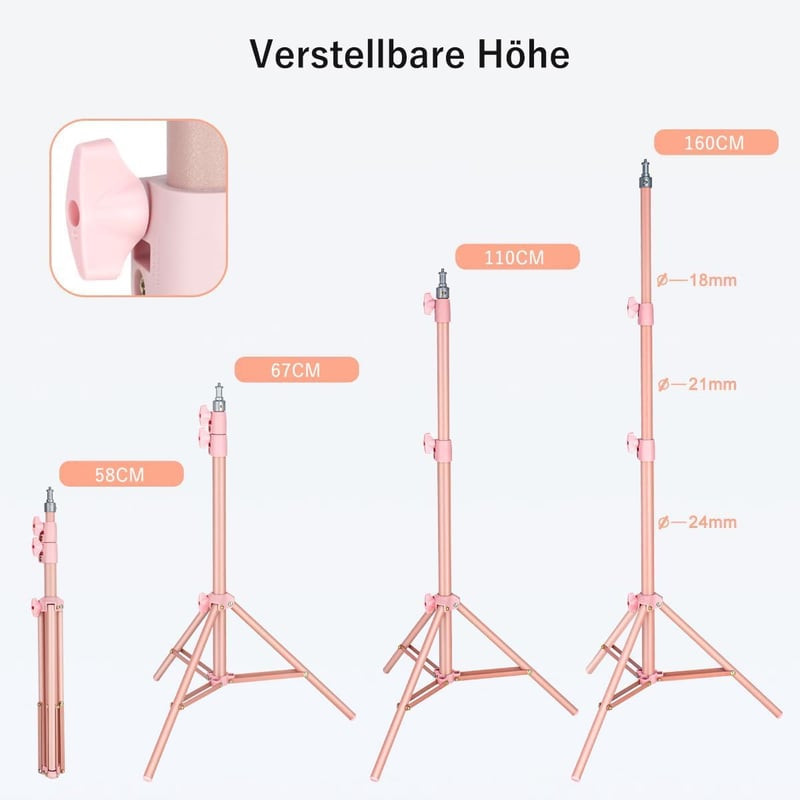 Koolehaoda 160cm Rózsaszín Állvány Gömbfejjel és Telefontartóval - Hordozható Világítóállvány Videózáshoz, Élő Közvetítéshez, 10kg Teherbírá