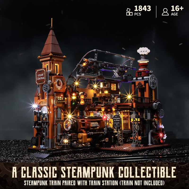 FUNWHOLE Steampunk Vasútállomás LED Világítással - 1843 Darabos Építőkészlet Felnőtteknek