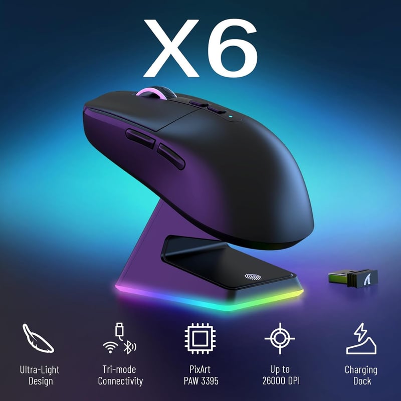 VGN GAMEPOWER Attack Shark X6 Vezeték Nélküli Gamer Egér, 49g Ultrakönnyű, RGB Töltőállomás, 26000DPI, PixArt PAW3395, 3 Csatlakozási Mód, 2