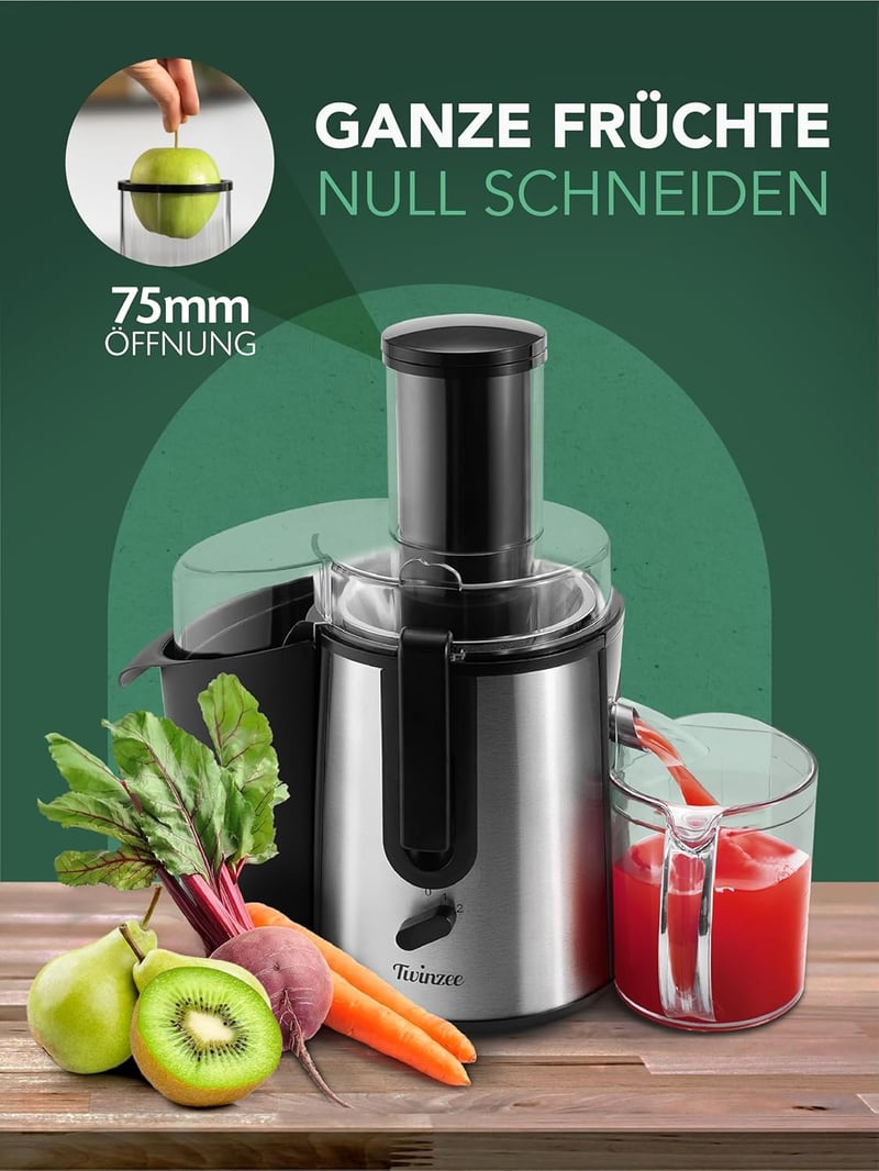 Twinzee 850W Gyümölcs- és Zöldségprés - Elektromos Gyümölcsfacsaró 2 Sebességfokozattal és Nagy Adagolónyílással (75mm) - Gyümölcslé Készítő