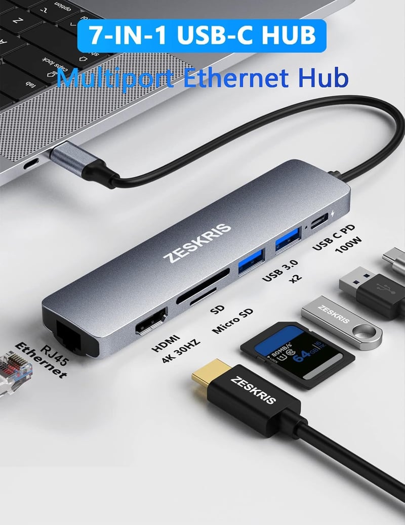 ZESKRIS 7-in-1 USB-C Hub Adapter Ethernet, 100W PD, 4K HDMI, USB 3.0, TF/SD/microSD Kártyaolvasó - MacBook, iPad Pro, Switch Kompatibilis