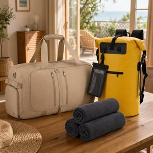 Set complet de plajă: geantă extensibilă + 3 prosoape microfibră + rucsac impermeabil 50L