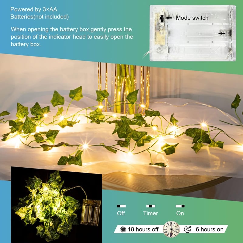 HUIYOU LED Tündérfény Műborostyán Girlanddal - 2m, 20 LED, Meleg Fehér, Időzítővel, Elemes - Beltéri Dekoráció Esküvőre, Partikra